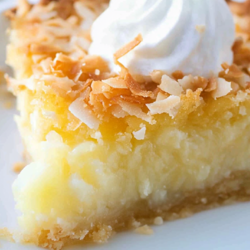 Close-up of a plated slice showing the smooth custard interior and crisp crust edge.
