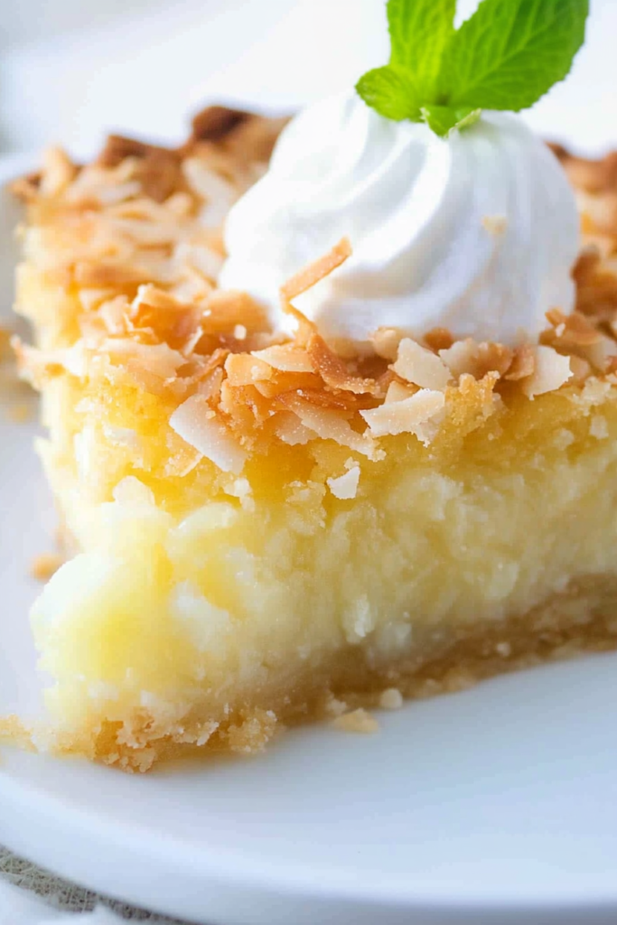 Close-up of a plated slice showing the smooth custard interior and crisp crust edge.