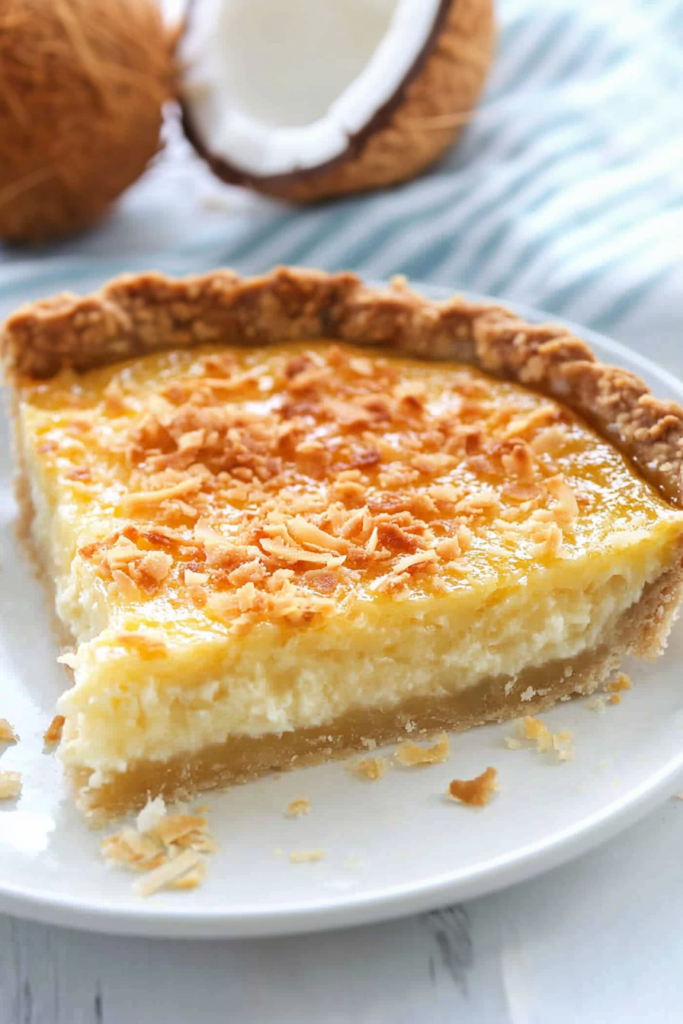 A wedge served on a white plate, highlighting the glossy custard layer and crumbly crust.