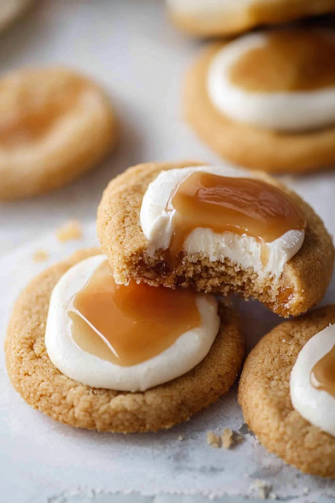 Stack of cookies on a plate, showing thick frosting layers and rich caramel drizzle.