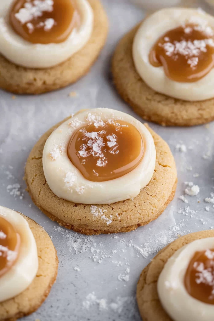 Group of cookies arranged neatly, their caramel topping catching the light for a decadent look.