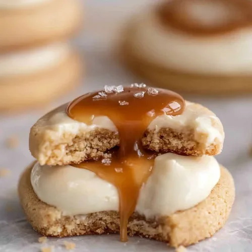 Close-up of a frosted cookie topped with glossy caramel swirl, highlighting its creamy texture.