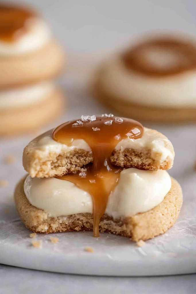 Close-up of a frosted cookie topped with glossy caramel swirl, highlighting its creamy texture.