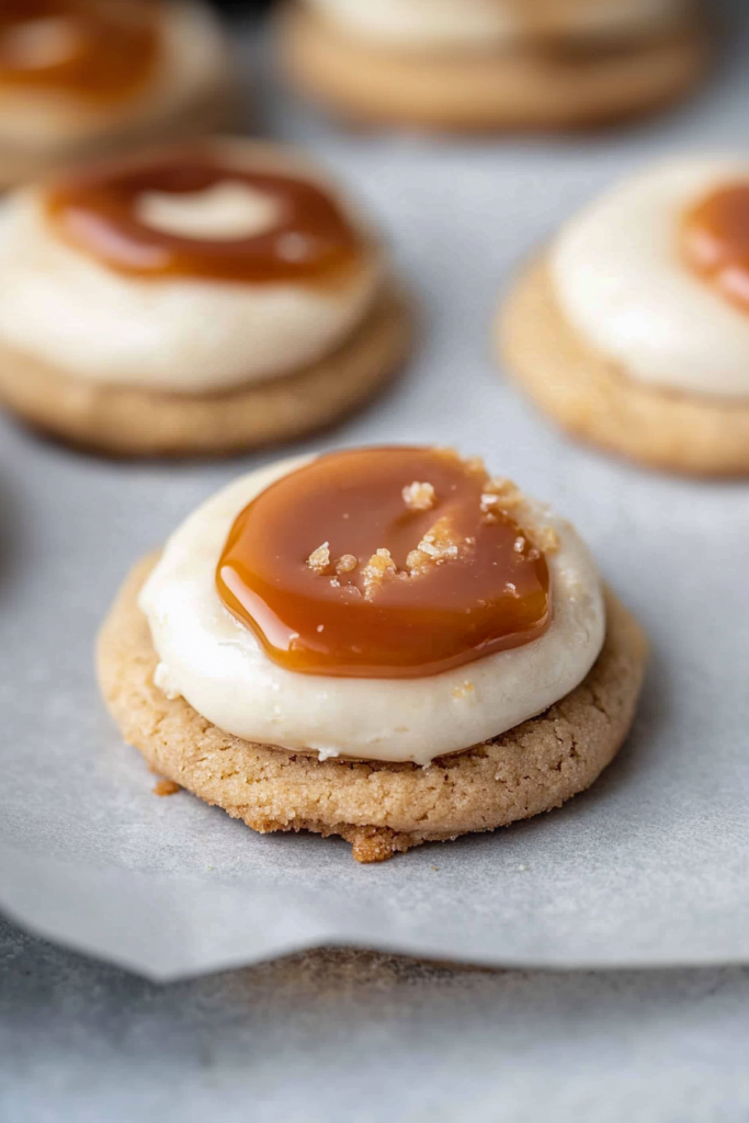 Copycat Crumbl Salted Caramel Cheesecake Cookie displayed whole, with frosting and caramel swirl in focus.