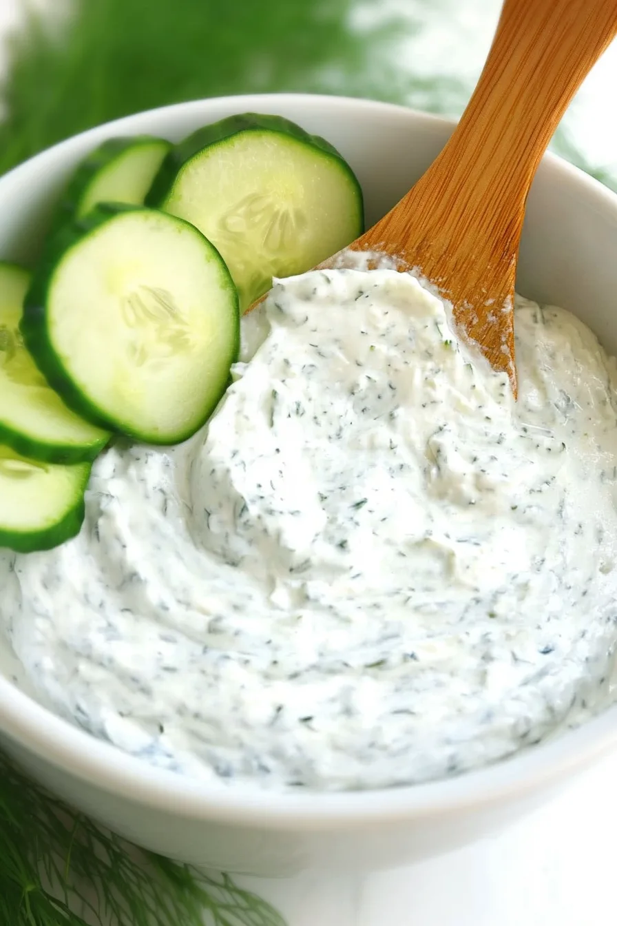 White bowl filled with a creamy herb dip topped with fresh cucumber slices.