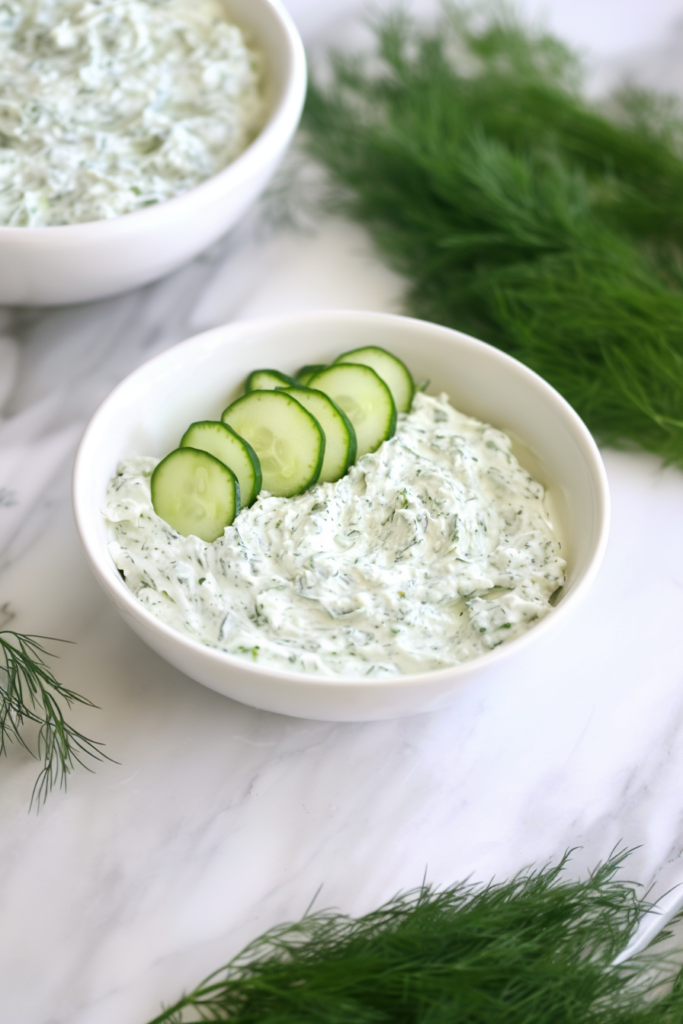 Chilled herb dip served in a small bowl with cucumber garnish.