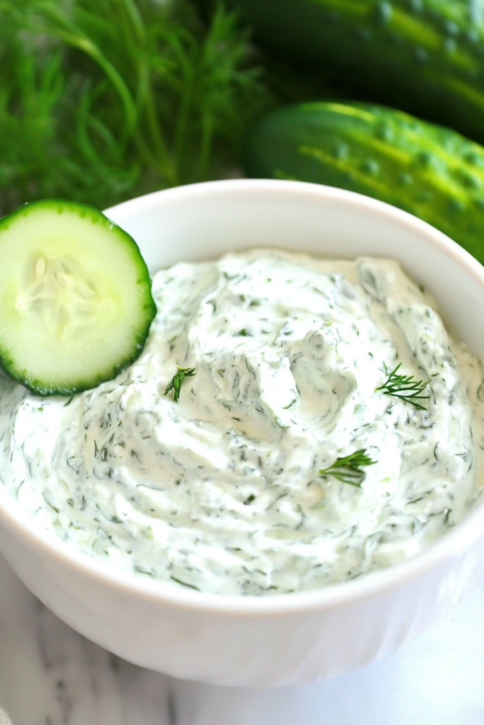 Smooth yogurt-based dip garnished with thinly sliced cucumbers.