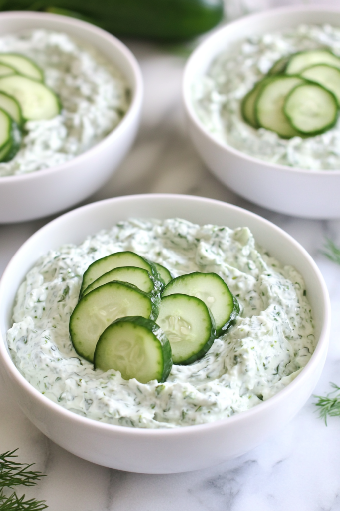 Fresh cucumber slices arranged on a light green, creamy appetizer.