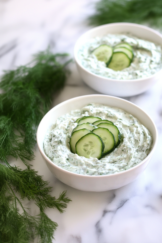 Simple creamy dip with visible herbs and fresh cucumber topping.