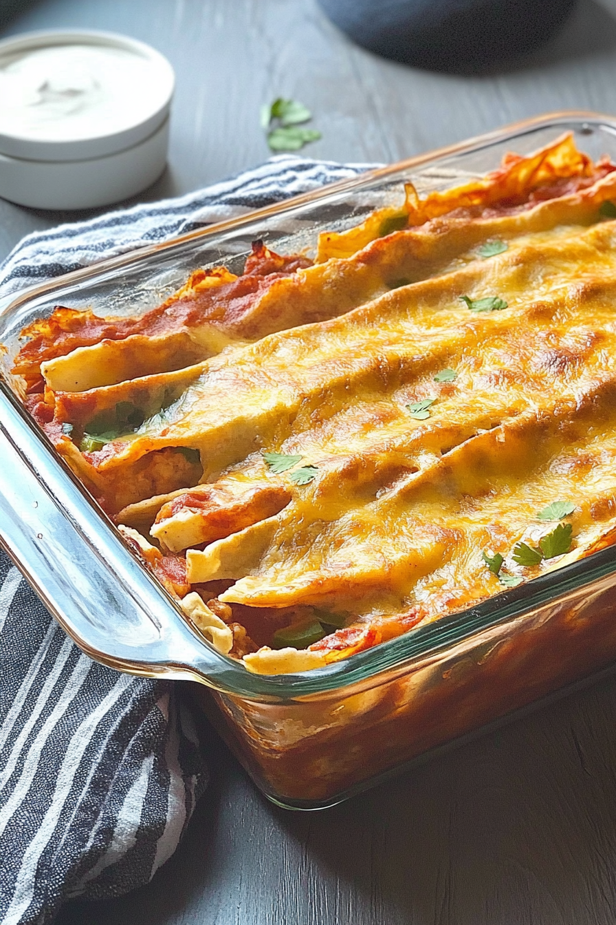 Overhead view of the finished baked dish showcasing its crinkled tortillas and crisp edges.