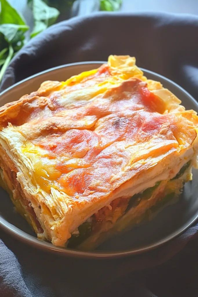 A golden, cheesy baked casserole piece stacked with tortilla layers and colorful veggies on a dark plate.