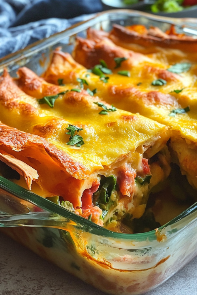 Close-up of a crispy, bubbly top layer with melted cheese and folded tortillas beneath.