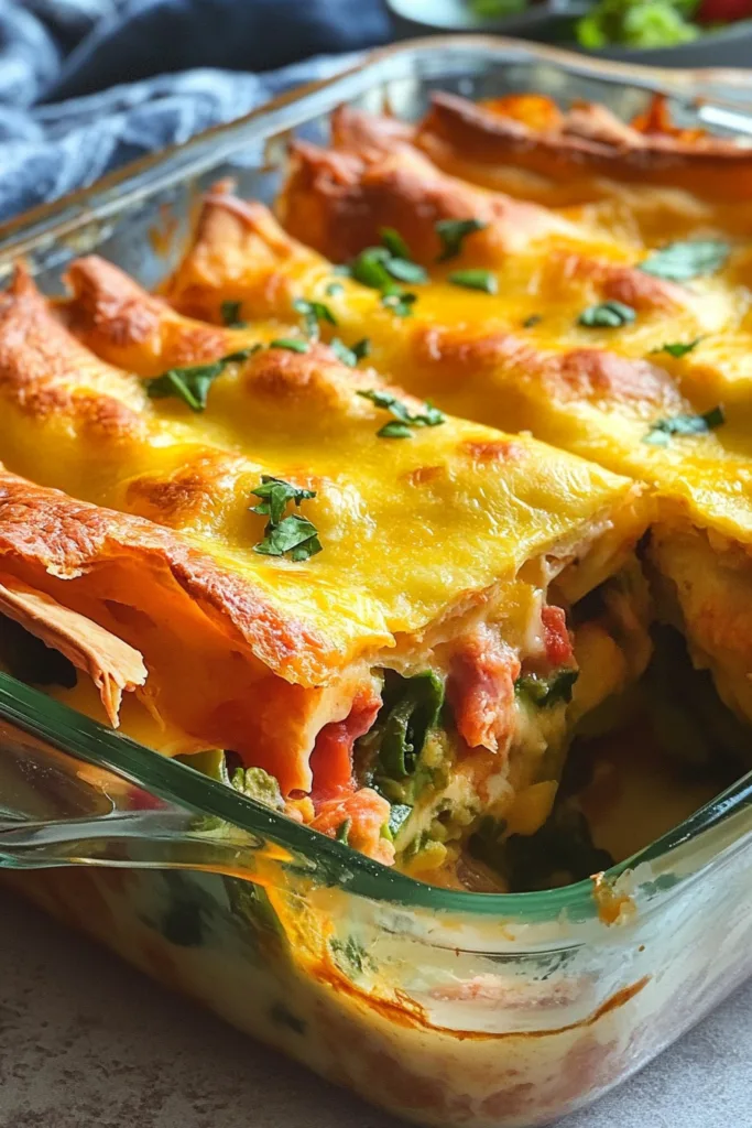 Close-up of a crispy, bubbly top layer with melted cheese and folded tortillas beneath.