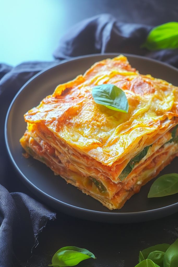 A neatly sliced portion showing visible layers of tortilla, sauce, and melted cheese.
