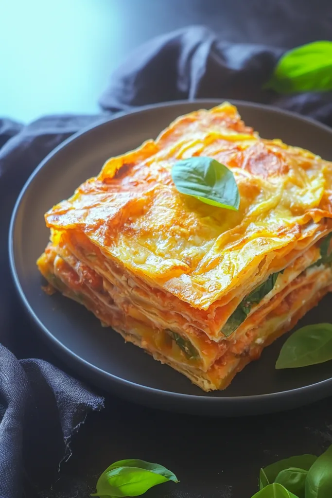 A neatly sliced portion showing visible layers of tortilla, sauce, and melted cheese.