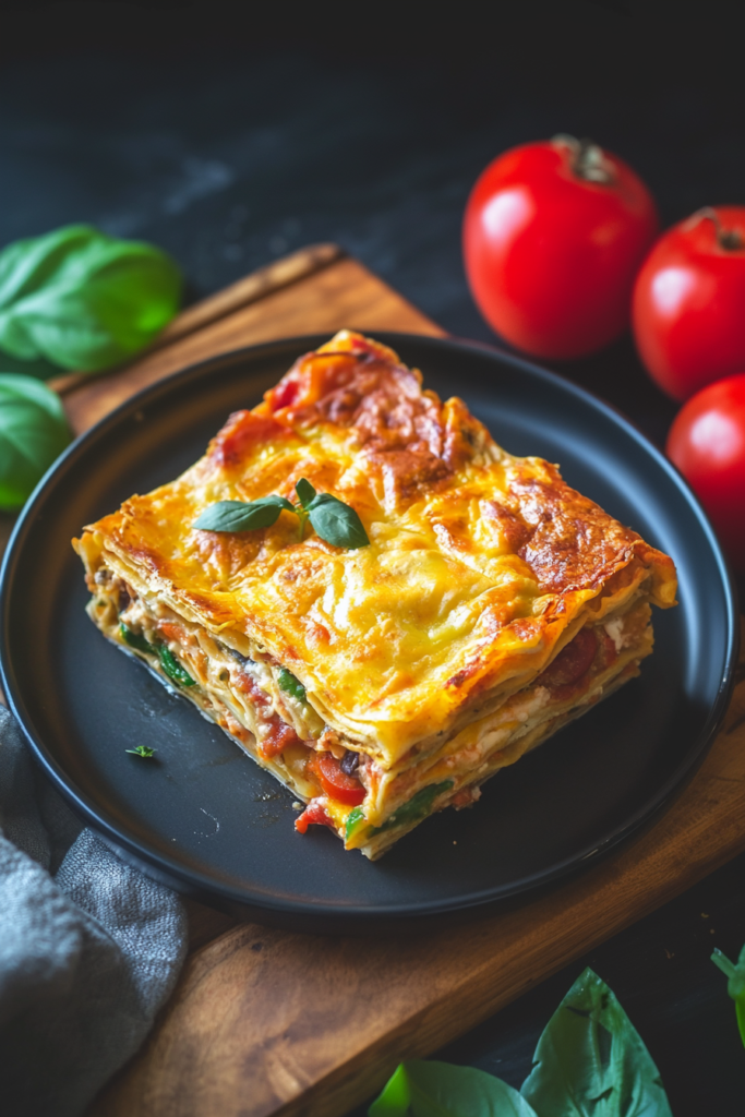 Served casserole slice on a plate with a browned, textured surface and creamy layers inside.