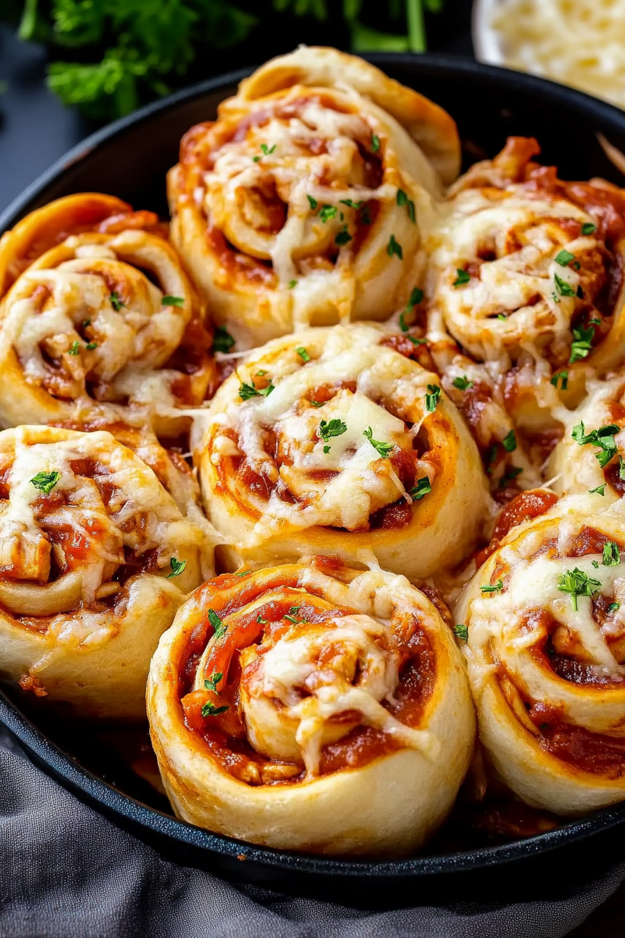 Golden baked pizza rolls filled with saucy chicken and melted cheese in a skillet.