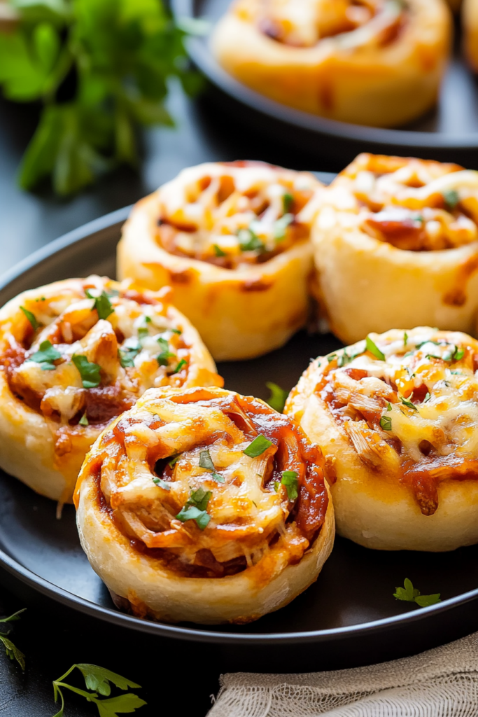 Basket of soft, cheesy savory rolls with visible chicken and sauce swirls.