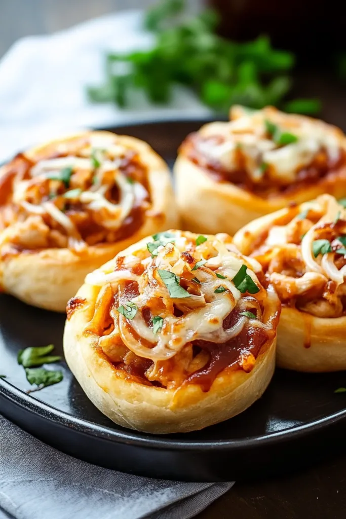 Close-up of cheesy rolled dough with barbecue-style chicken filling and herbs.