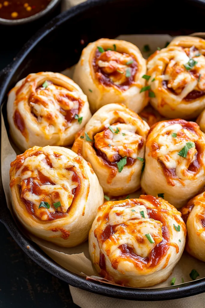 Warm spiral rolls topped with melted cheese and parsley, fresh from the oven.
