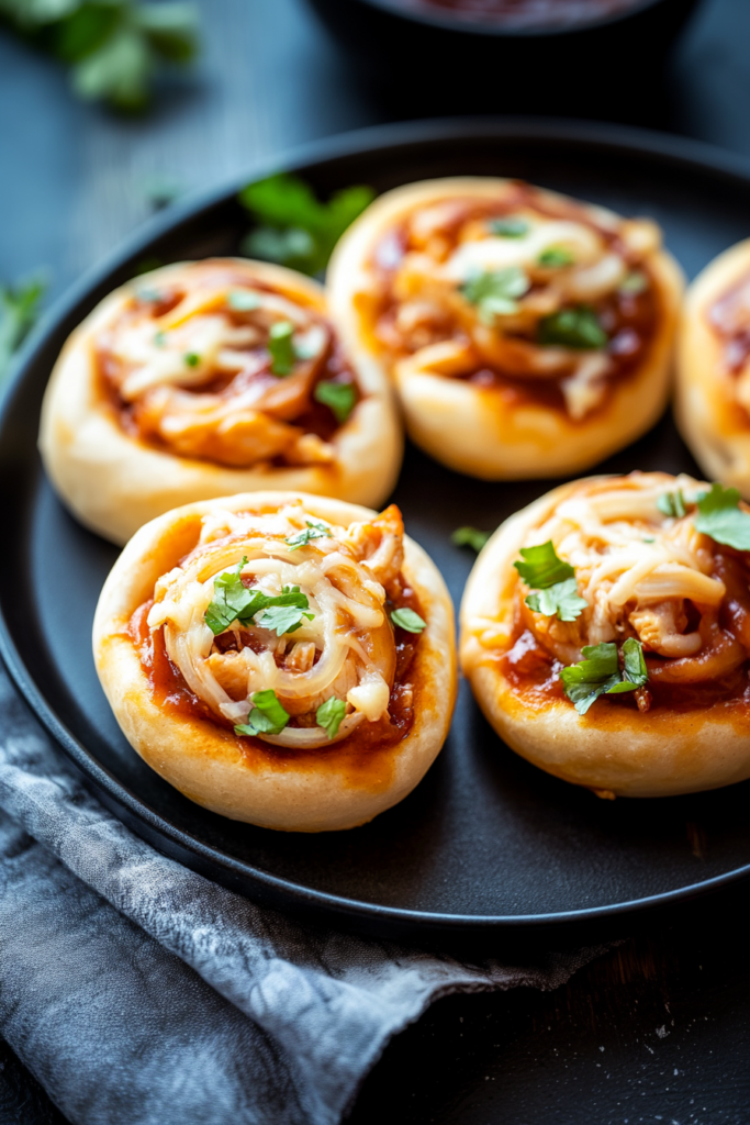 Rolled pizza-style bites with a sticky barbecue chicken filling and browned edges.