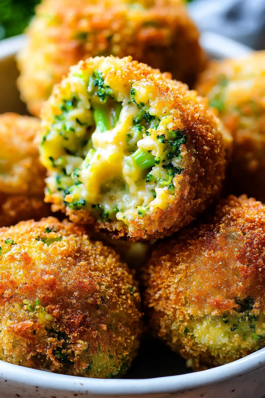 Close-up of a crispy ball cut open, showing gooey melted cheese and vibrant green broccoli inside.