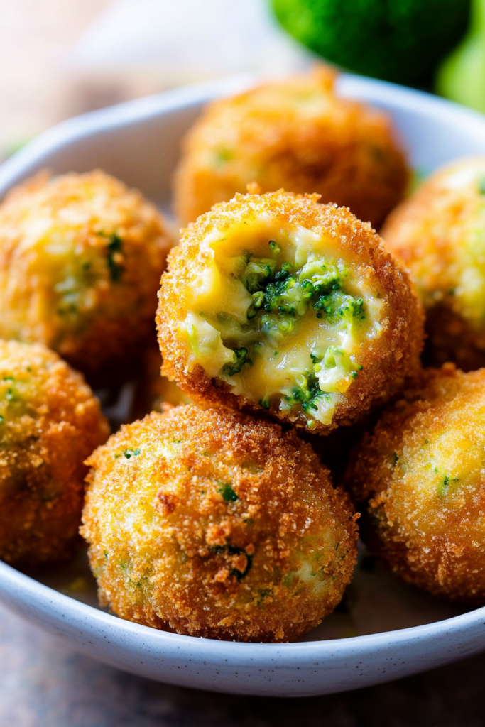 Crispy Broccoli Cheese Balls arranged on a plate, highlighting their golden crust and savory filling.