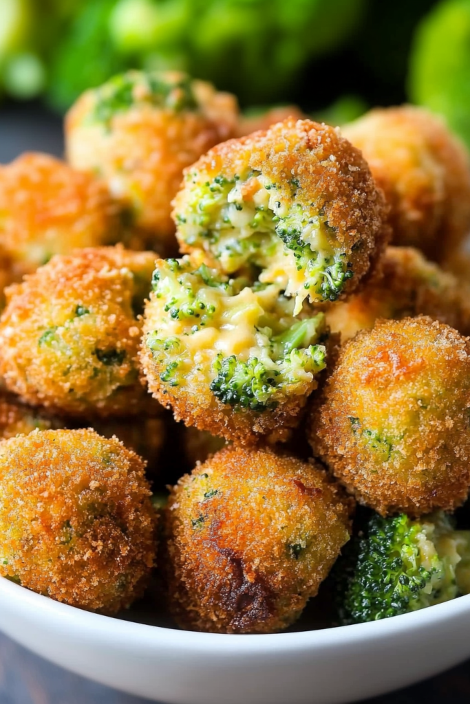Golden-brown broccoli and cheese bites with a crunchy breaded coating, served in a bowl.
