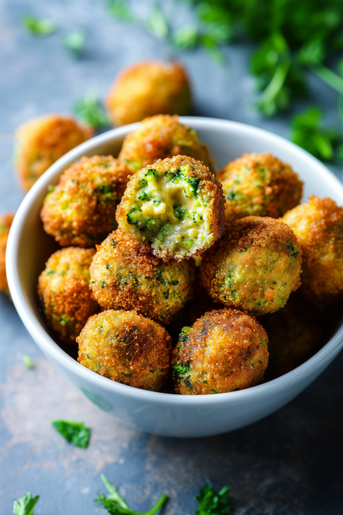 Stack of bite-sized appetizers with crunchy exteriors and soft, cheesy centers.