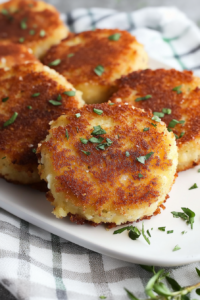 Crispy Cheesy Grit Cakes arranged in a stack, highlighting their golden crust and savory filling.