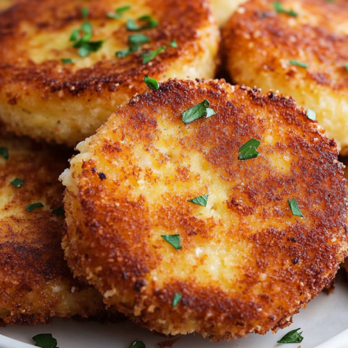 Close-up of crispy cakes with a crunchy exterior and gooey cheesy center.