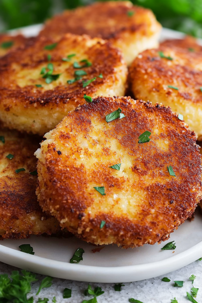 Close-up of crispy cakes with a crunchy exterior and gooey cheesy center.