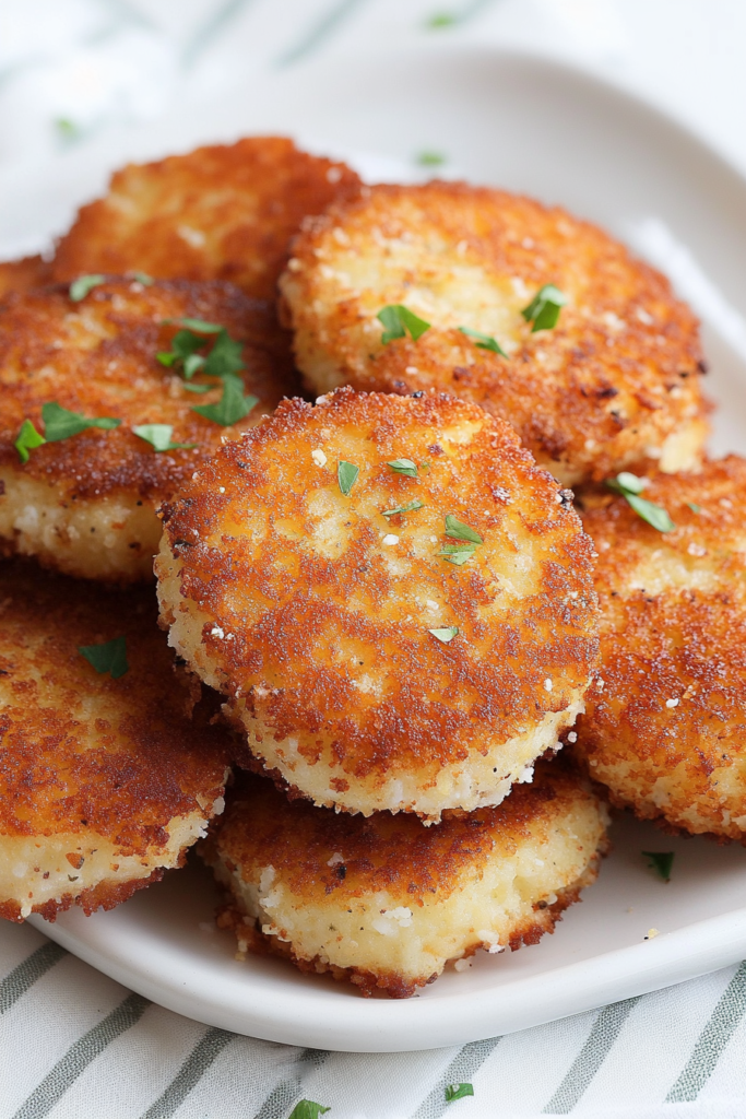 Golden-brown grit cakes garnished with fresh parsley, served on a white plate.
