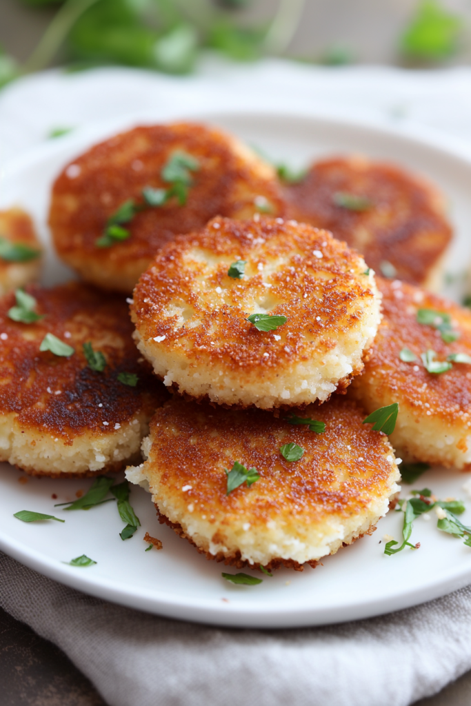 Pan-fried grit cakes with browned edges, topped with a sprinkle of herbs.