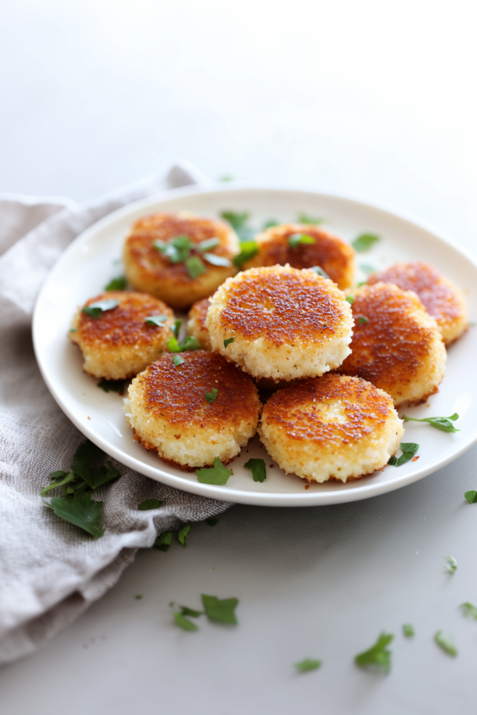 Plate of bite-sized grit cakes showing their crunchy texture and melted cheese inside.