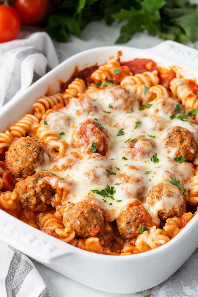 Cheesy tomato-and-meatball pasta bake fresh from the oven.
