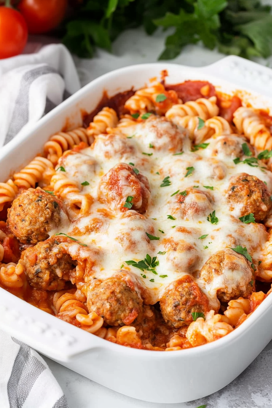 Cheesy tomato-and-meatball pasta bake fresh from the oven.