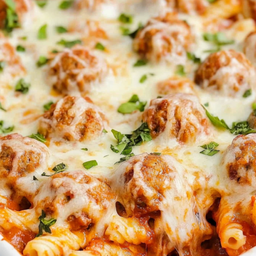 Close-up of a casserole topped with melted mozzarella and fresh herbs.