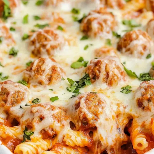 Close-up of a casserole topped with melted mozzarella and fresh herbs.