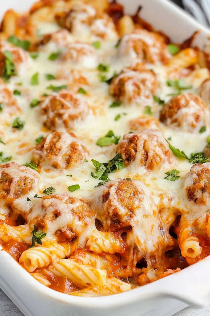 Close-up of a casserole topped with melted mozzarella and fresh herbs.