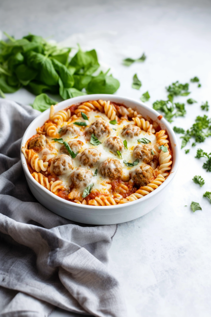 Golden, cheesy meatballs nestled in tomato sauce with pasta spirals.