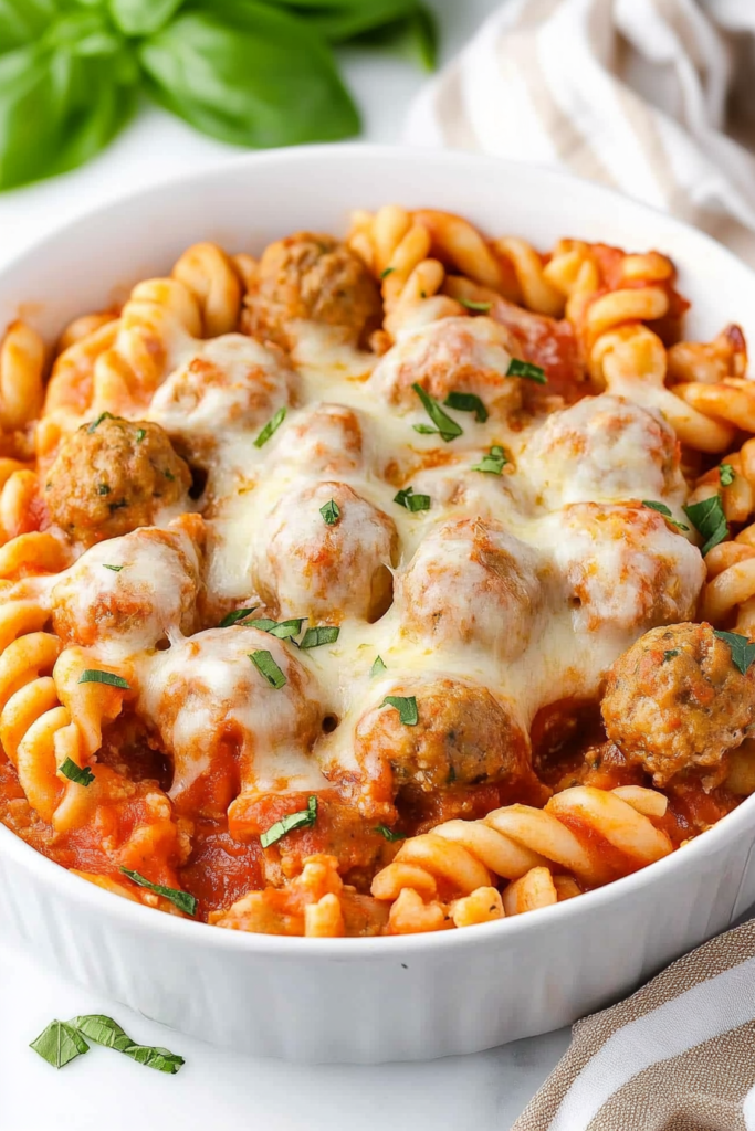 Hearty pasta and meatball bake with browned cheese and parsley garnish.