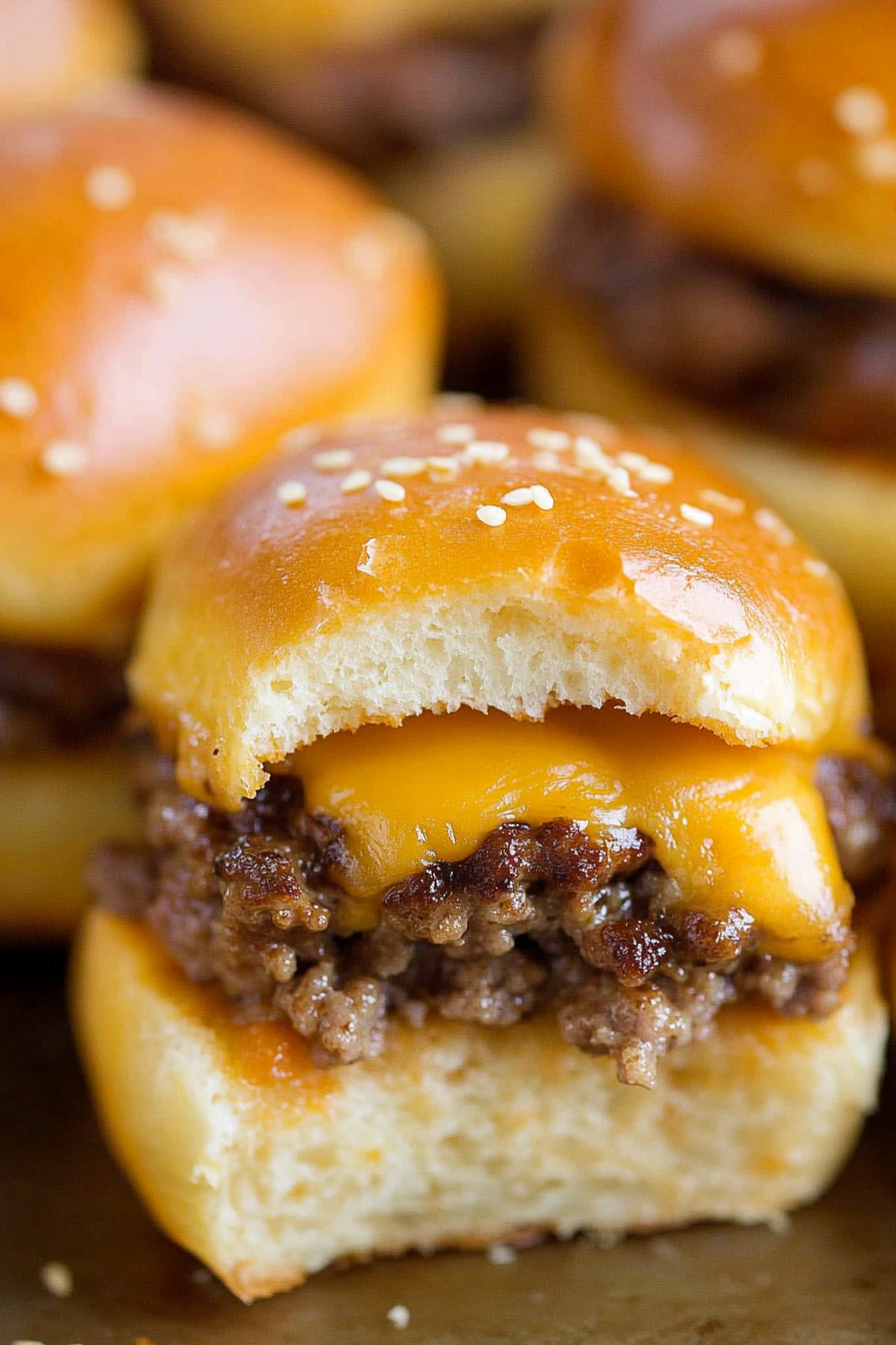 Close-up of juicy beef sliders topped with melted cheddar on soft, golden buns