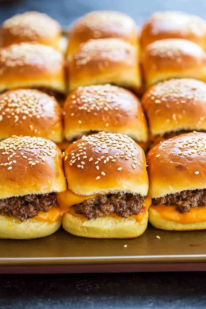 Tray of mini beef burgers with glossy sesame buns and cheesy filling