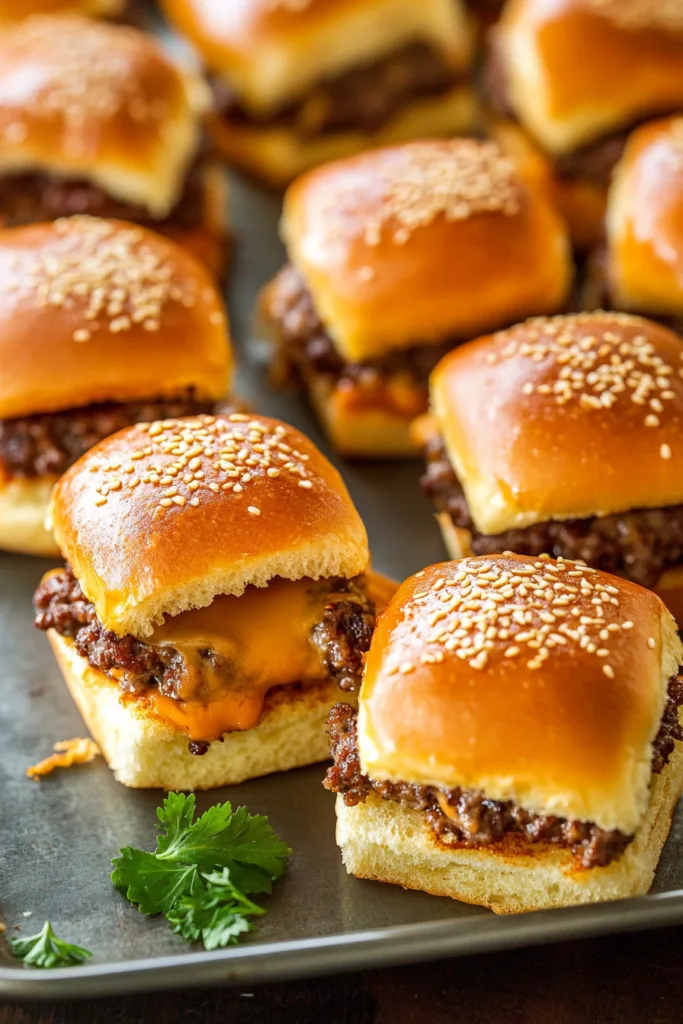 Golden mini burgers arranged on a baking tray with cheesy beef centers
