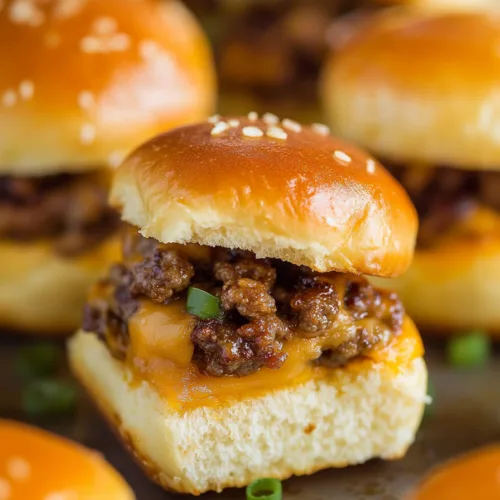 Soft slider buns filled with savory beef and melted cheese, garnished with green onions