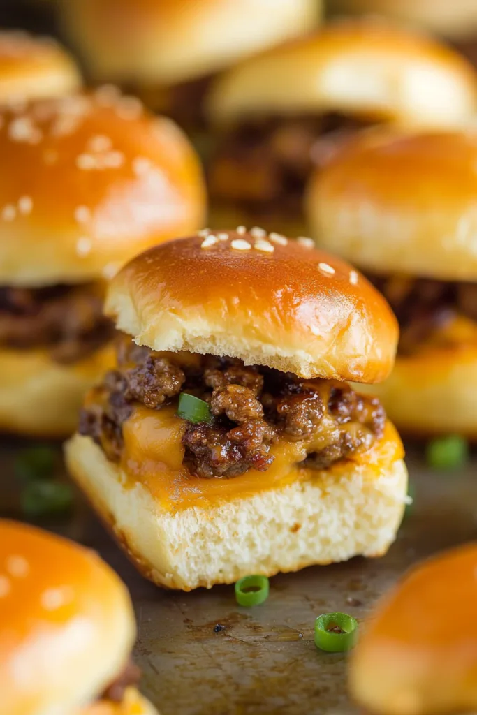 Soft slider buns filled with savory beef and melted cheese, garnished with green onions