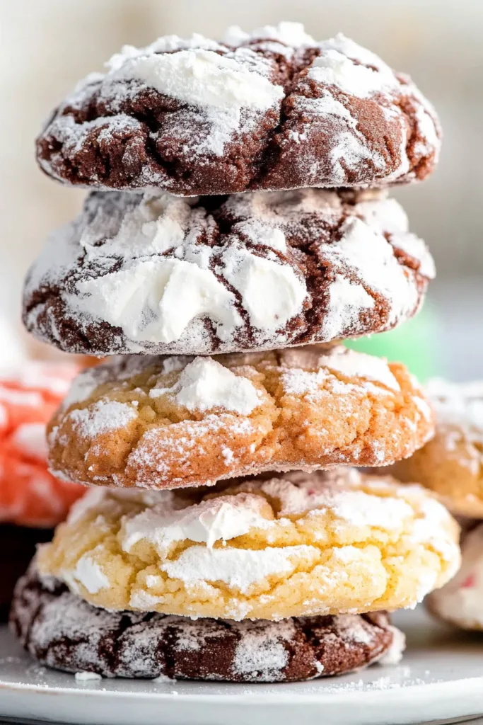 Close-up of soft, airy cookies dusted in powdered sugar.