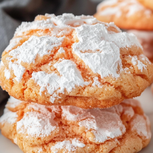 Two crinkle-style cookies stacked with powdered sugar on top.