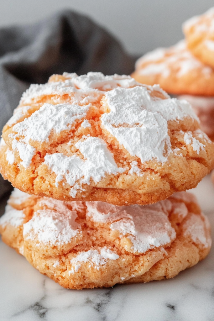 Two crinkle-style cookies stacked with powdered sugar on top.